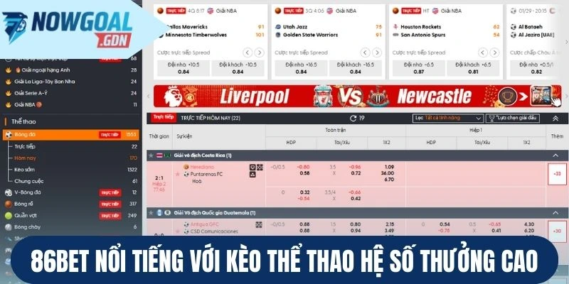 86Bet là một trong những nhà cái có tỷ lệ trả thưởng cạnh tranh nhất. Sân chơi mang đến kèo xanh chín giúp bạn hiện thực hóa giấc mơ làm giàu.
86Bet - Cược Thể Thao Hôm Nay, Nhận Ngay Thưởng Lớn
86Bet được giới đam mê cá cược thể thao đánh giá là “mỏ vàng” đích thực. Sân chơi nổi tiếng với các kèo giải trí có tỷ lệ ăn cao bất ngờ. Tuy nhiên, theo Nowgoal, ngoài là cây hái ra tiền, địa chỉ này còn có nhiều ưu điểm hấp dẫn khác mà hội viên không thể bỏ qua.
86Bet nổi tiếng với kèo thể thao hệ số thưởng cao
86Bet - Nhà cái với nhiều chuyên mục thưởng lớn
86Bet tự hào là một trong những địa chỉ ghi nhận nhiều ván cược đổi đời bậc nhất. Không ít người chơi sau khi tìm đến trang giải trí đã giành về phần thưởng gấp tới hàng chục lần số vốn bỏ ra ban đầu.
Thể thao - Nơi cập nhật hàng trăm kèo xanh chín
Thể thao trực tuyến là chuyên mục giải trí làm nên tên tuổi 86Bet. Hàng triệu người chơi Việt mỗi ngày truy cập nhà cái để trổ tài dự đoán, đặt cược cho những sự kiện tranh tài sôi động như:
Bóng đá: Nhà cái  liên tục cập nhật kèo World Cup, Euro, Cup C1, ngoại hạng Anh,  Laliga, Seria, Bundesliga, U23 châu Á,.... Hội viên luôn được hưởng tỷ lệ ăn hấp dẫn, sát nhất với tình hình thực tế.
Thể thao điện tử: Game thủ giờ đây có thể thỏa mãn đam mê khi vừa theo dõi trận đấu yêu thích, vừa trổ tài dự đoán. Sân chơi giới thiệu nhiều kèo esports đặc trưng như chiến công đầu, dự đoán bên phá trụ trước, tài xỉu thời gian thi đấu,...
VR Sports: 86Bet ứng dụng công nghệ thực tế ảo để tái hiện lại các trận đấu dưới dạng 3D, mang đến trải nghiệm cược mọi lúc, mọi nơi cho hội viên. Tại nhà cái, đặt cược chấp châu Á, 1x2, tài xỉu,... vào các trận tranh tài ảo, nhưng phần thưởng bạn nhận về hoàn toàn thật và cực hấp dẫn.
Casino - Chuyên nghiệp, đẳng cấp, thú vị
Bên cạnh thể thao, live casino 86Bet cũng là chuyên mục giải trí khá thành công của nhà cái. Sân chơi livestream hàng trăm bàn cược, mang đến cơ hội giải trí không giới hạn cho người tham gia. Chỉ cần một thiết bị thông minh kết nối mạng, bạn đã có trải nghiệm chuyên nghiệp như đang trực tiếp có mặt tại các sòng bạc hoa lệ nơi Las Vegas hay Macau, Hong Kong.
Ngoài đẳng cấp, chuyên nghiệp, các bàn live casino tại sân chơi còn khiến hội viên ấn tượng với nhiều ưu điểm. Dealer thân thiện sẵn sàng trò chuyện, hướng dẫn rõ ràng, tỷ lệ trả thưởng cao,... tất cả đã đủ để làm nên chuyên mục giải trí mà bất cứ hội viên nào cũng nên ghé thăm, khám phá.
Game bài - Nổ hũ - Bắn cá dễ chơi
Nhắc đến những chuyên mục mang đến thưởng lớn tại 86Bet, khó có thể bỏ qua game bài  - nổ hũ  - bắn cá. Điểm chung của hơn 300+ tựa game tại đây là đều có lối chơi khá đơn giản. Không ít trò còn giữ nguyên quy tắc truyền thống (Như các ván tiến lên, phỏm, liêng,...) giúp ngay cả hội viên mới cũng tự tin nhập cuộc.
Không chỉ đơn giản dễ chơi, loạt chuyên mục giải trí này khá dễ thắng. Chỉ với số vốn tối thiểu, bạn đã có thể nhận về phần thưởng thậm chí jackpot siêu giá trị.
Khuyến mãi thể thao mang tới thưởng lớn
Khuyến mãi giúp tín đồ thể thao thêm thưởng lớn
Lựa chọn 86Bet, ngoài nhận thưởng khi đặt cược chuẩn xác, hội viên còn có thể làm giàu từ những chương trình khuyến mãi. Đặc biệt, nếu là tín đồ của chuyên mục thể thao, dưới đây là những ưu đãi đặc quyền bạn không thể làm ngơ:
Tên chương trình khuyến mãi
Điều kiện dự thưởng
Phần thưởng
Hoàn trả cho người chơi cược thể thao
Có phát sinh vé cược thể thao hợp lệ trong ngày
Hoàn 1.2% tổng cược không giới hạn
Thưởng nạp lần đầu
Hội viên lần đầu nạp tiền để tham gia cược thể thao tại 86Bet
Nhận 150% giá trị giao dịch, tối đa lên đến 20 triệu
Thưởng cho tín đồ bóng đá nạp lần 2
Người chơi nạp tiền từ 100K vào tài khoản lần 2
Nhận 70% giá trị giao dịch, tối đa 5 triệuCập nhật tỷ lệ kèo châu Á, 1x2, tỷ số,... tại sân chơi
Loạt kèo hấp dẫn và tỷ lệ trả thưởng cao tại sân chơi
Tỷ lệ kèo tại 86Bet chưa bao giờ khiến người chơi thất vọng. Dù lựa chọn chấp châu Á truyền thống hay dự đoán chính xác tỷ số trực tiếp, bạn vẫn luôn được hưởng hệ số odds siêu hấp dẫn:
Kèo châu Á giúp cuộc chơi cân bằng hơn khi đội trên chấp đối thủ một số bàn thắng nhất định. Tại nhà cái, trang cá cược cực chú trọng bước xác định hệ số, đảm bảo mức chấp thể hiện chính xác sự chênh lệch giữa các bên.
Kèo châu Âu: Đây là loại kèo đơn giản nhất khi bạn chỉ cần dự đoán đội chủ sân thắng thua hay hòa. 86Bet tự hào là địa chỉ cung cấp mức thưởng cho đội hòa và cửa yếu hơn cạnh tranh.
Tỷ số chính xác: Đây là loại kèo có tỷ lệ trả thưởng cao nhất tại 86Bet. Nếu may mắn mỉm cười,bạn có thể giành về lợi nhuận không tưởng.
Kèo phụ khác như phạt góc, tài xỉu góc, cầu thủ ghi bàn: Những kiểu cược này yêu cầu người tham gia dự đoán diễn biến trận tranh tài thay vì kết quả chung cuộc. Bạn có thể cân nhắc xuống tiền thêm cho các cửa trên để nhận thêm thưởng lớn.
Bạn đang tìm kiếm sân chơi xanh chín, mang đến thưởng lớn? Theo đánh giá  của Nowgoal, 86Bet tự tin có thể đáp ứng tốt yêu cầu này. Kèo thể thao với tỷ lệ xanh chín của trang giải trí hứa hẹn giúp mọi tín đồ bóng đá hiện thực hóa giấc mơ làm giàu.