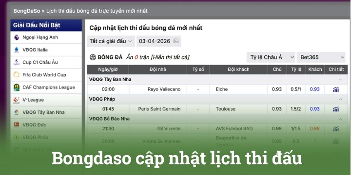 Theo dõi lịch thi đấu cho các giải lớn nhỏ trên Bongdaso